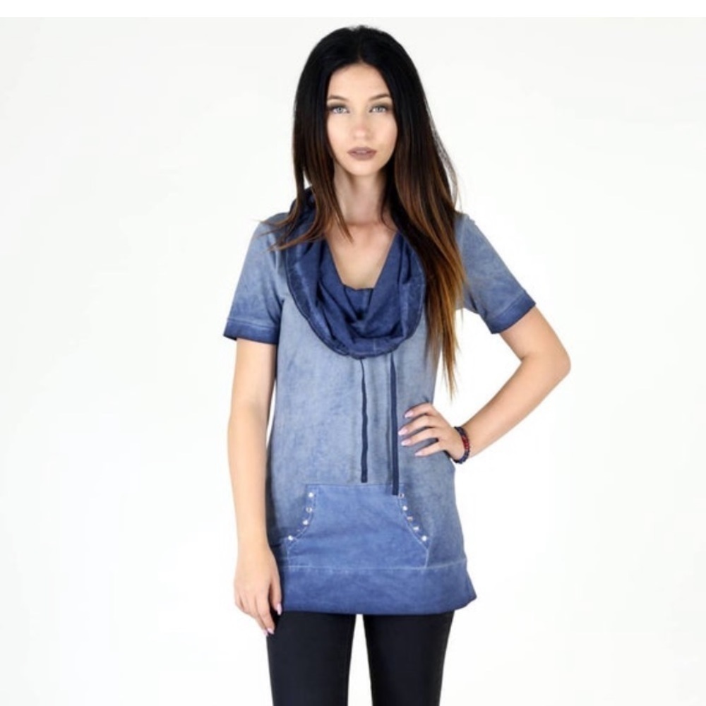 ACID Wash Cowl Neck Tunic Top - Picture 4 of 4